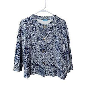 J. McLaughlin blazer Medium M Blue & White Paisley Cardigan Jacket  NWOT